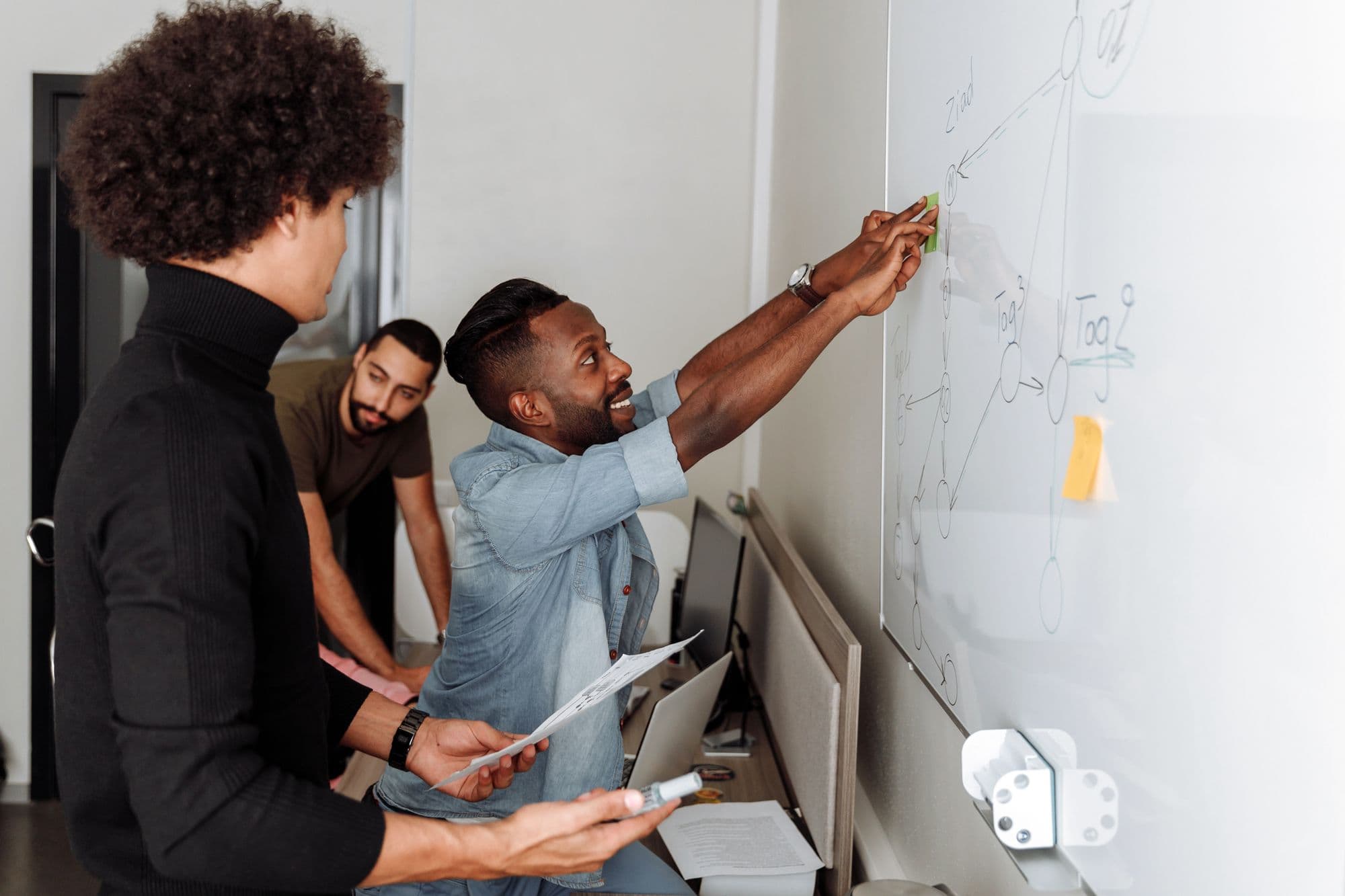 Three colleagues planning ideas together at an office whiteboard